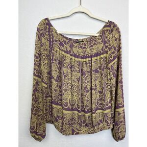 Stile Benetton Gold Paisley Print Scoop Neck‎ Long Sleeve Blouse Women's Size S